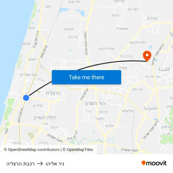 רכבת הרצליה to ניר אליהו map