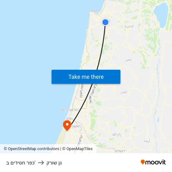 כפר חסידים ב' to גן שורק map