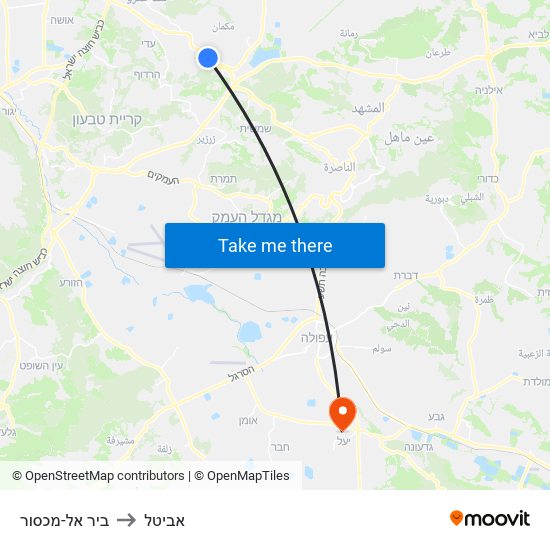 ביר אל-מכסור to אביטל map
