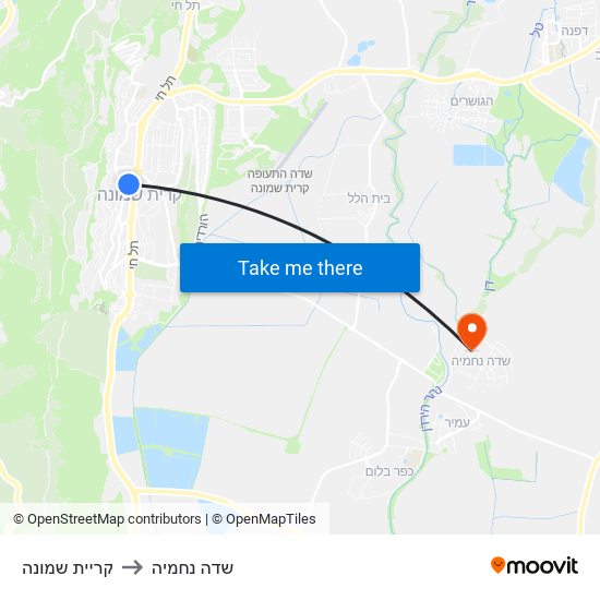 קריית שמונה to שדה נחמיה map