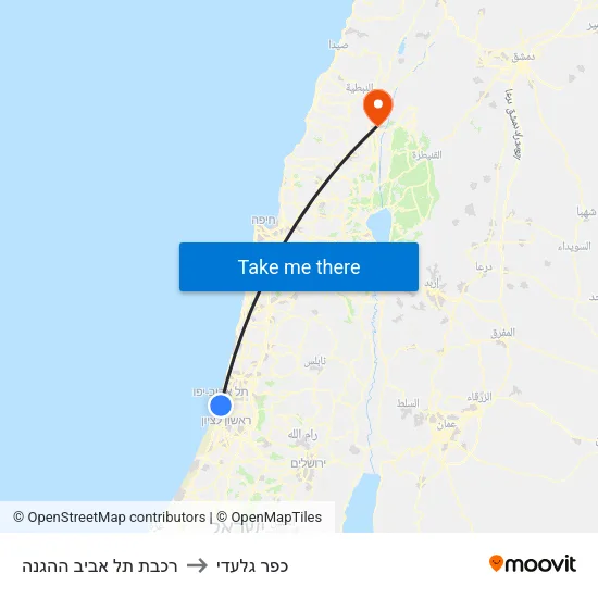 רכבת תל אביב ההגנה to כפר גלעדי map