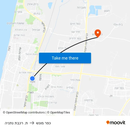 ת. רכבת נתניה to כפר מונש map