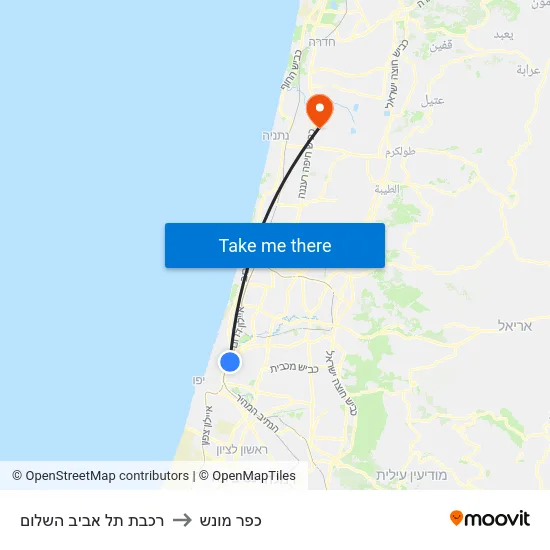 רכבת תל אביב השלום to כפר מונש map
