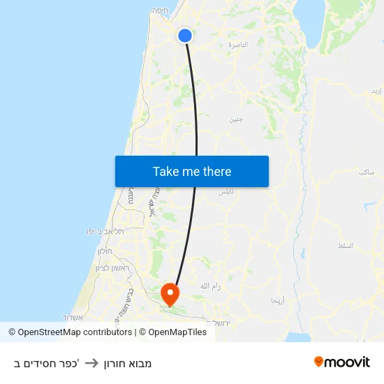 כפר חסידים ב' to מבוא חורון map