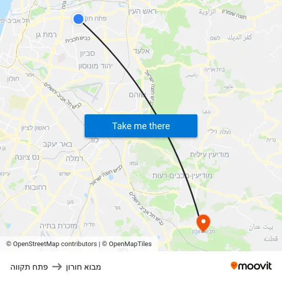 פתח תקווה to מבוא חורון map