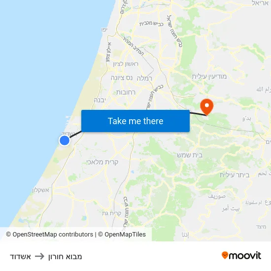 אשדוד to מבוא חורון map