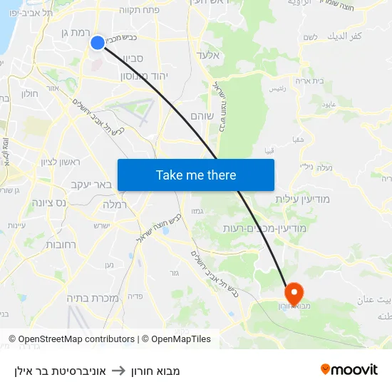 אוניברסיטת בר אילן to מבוא חורון map