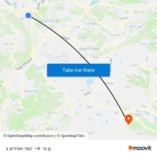כפר חסידים ב' to גן נר map