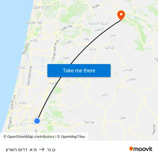 מ.א. דרום השרון to גן נר map