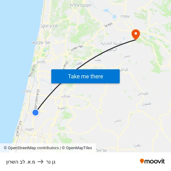 מ.א. לב השרון to גן נר map