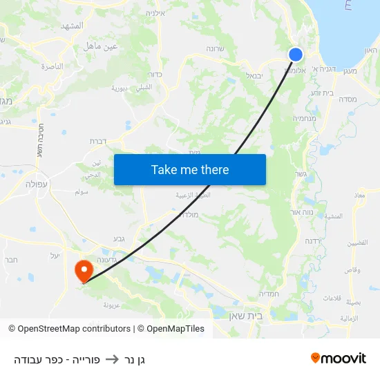 פורייה - כפר עבודה to גן נר map