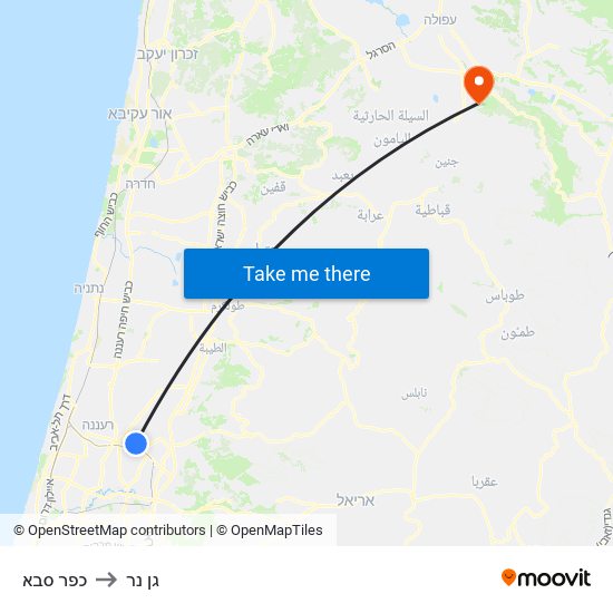 כפר סבא to גן נר map