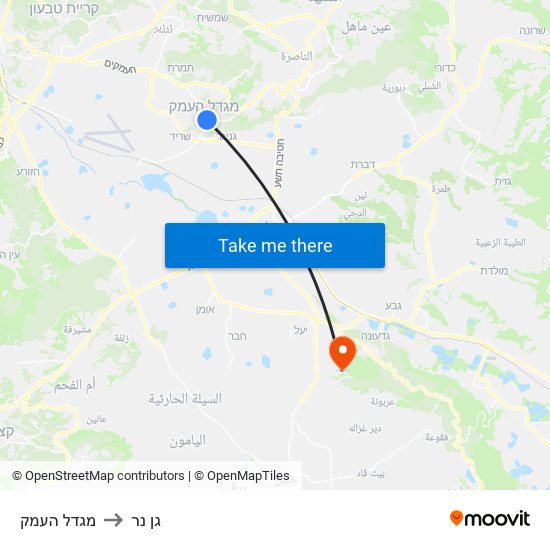 מגדל העמק to גן נר map