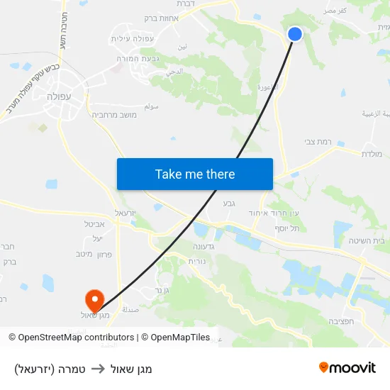 טמרה (יזרעאל) to מגן שאול map