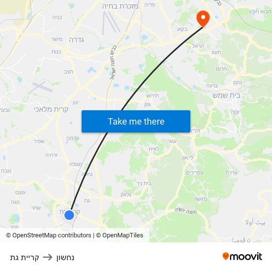 קריית גת to נחשון map