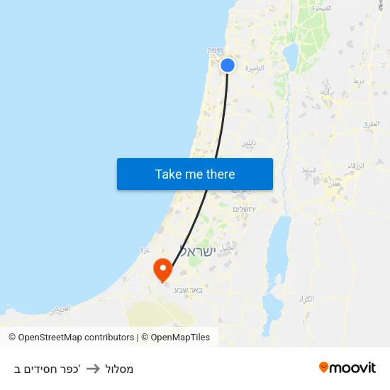 כפר חסידים ב' to מסלול map