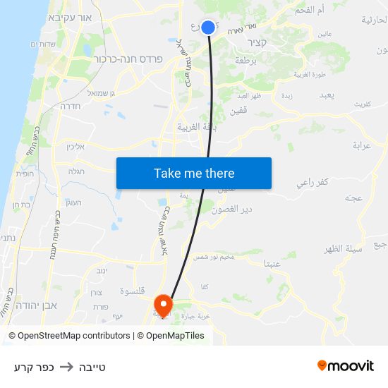 כפר קרע to טייבה map