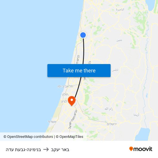 בנימינה-גבעת עדה to באר יעקב map