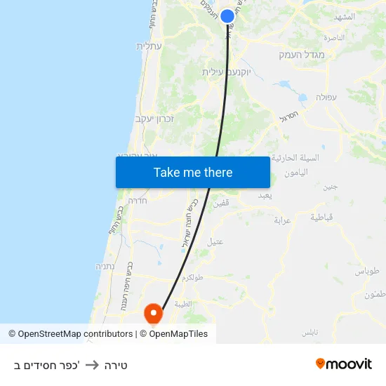 כפר חסידים ב' to טירה map