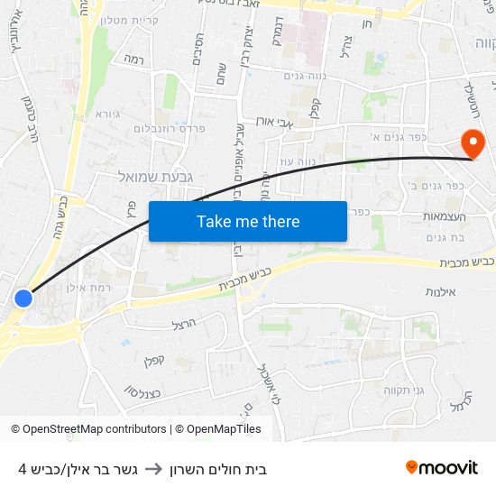 גשר בר אילן/כביש 4 to בית חולים השרון map