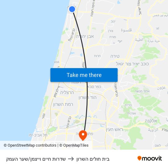 שדרות חיים וייצמן/שער העמק to בית חולים השרון map