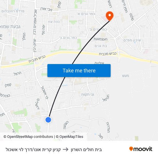 קניון קרית אונו/דרך לוי אשכול to בית חולים השרון map