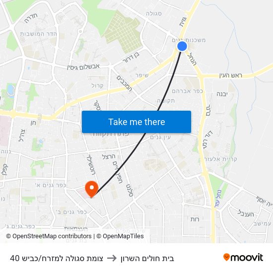 צומת סגולה למזרח/כביש 40 to בית חולים השרון map