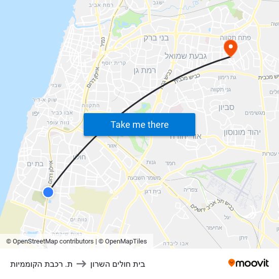 ת. רכבת הקוממיות to בית חולים השרון map