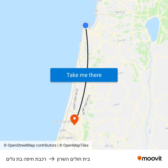 רכבת חיפה בת גלים to בית חולים השרון map