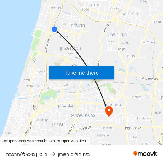 בן ציון מיכאלי/הרכבת to בית חולים השרון map