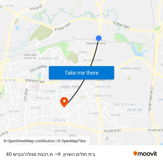 ת.רכבת סגולה/כביש 40 to בית חולים השרון map