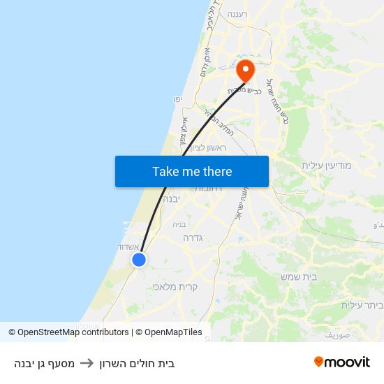 מסעף גן יבנה to בית חולים השרון map