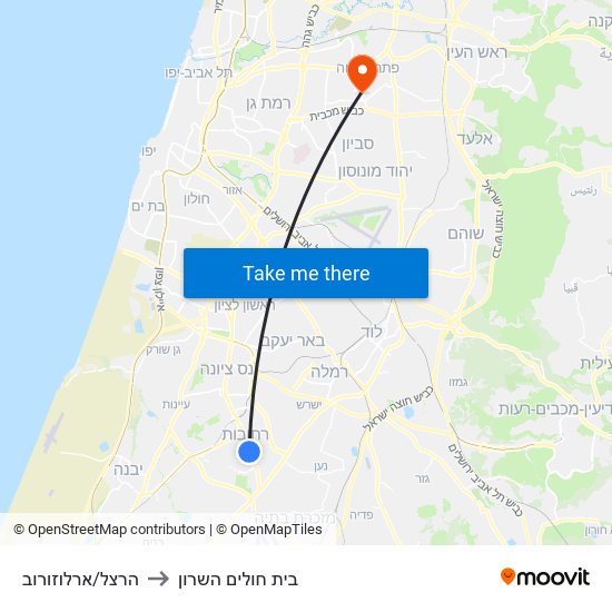 הרצל/ארלוזורוב to בית חולים השרון map