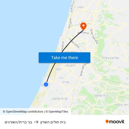 בני ברית/האורגים to בית חולים השרון map