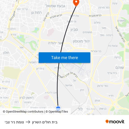 צומת ניר צבי to בית חולים השרון map