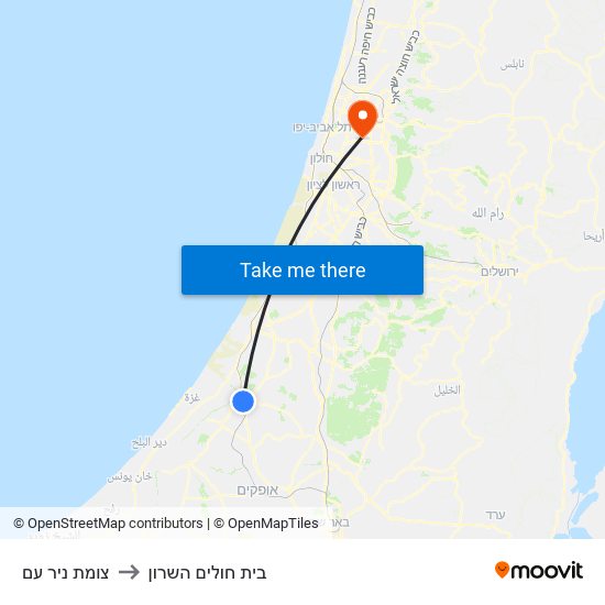 צומת ניר עם to בית חולים השרון map