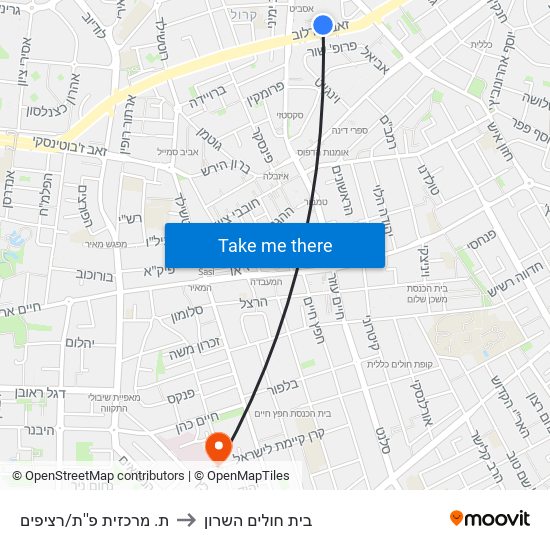 ת. מרכזית פ''ת/רציפים to בית חולים השרון map