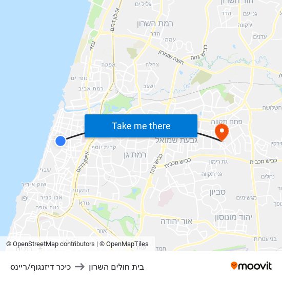 כיכר דיזנגוף/ריינס to בית חולים השרון map