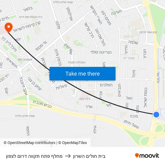 מחלף פתח תקווה דרום לצפון to בית חולים השרון map