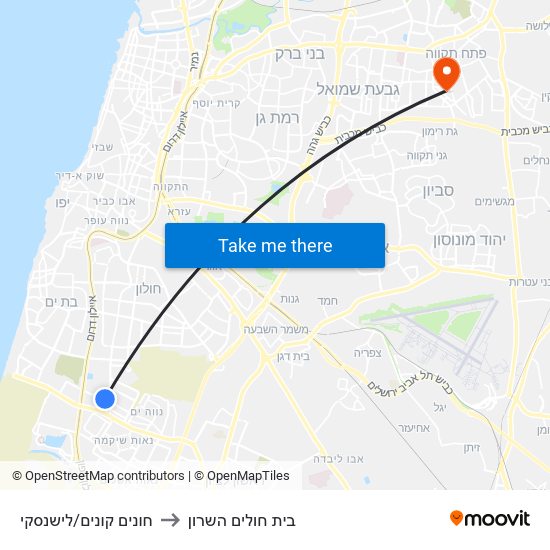 חונים קונים/לישנסקי to בית חולים השרון map