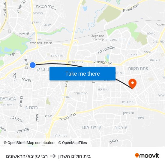 רבי עקיבא/הראשונים to בית חולים השרון map