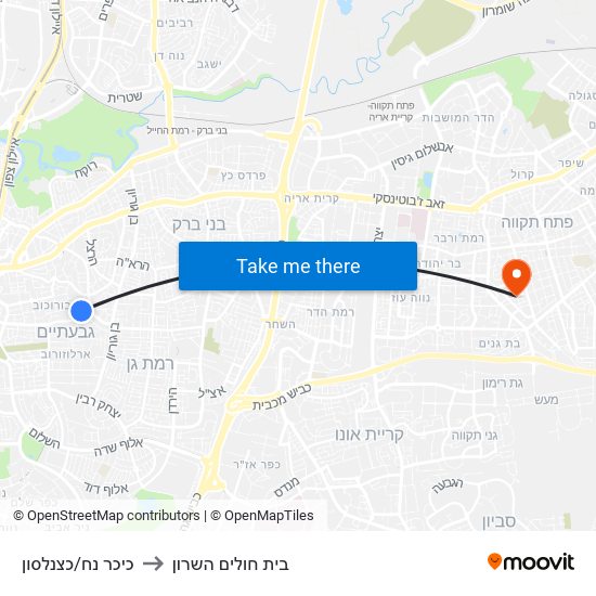 כיכר נח/כצנלסון to בית חולים השרון map