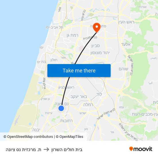 ת. מרכזית נס ציונה to בית חולים השרון map