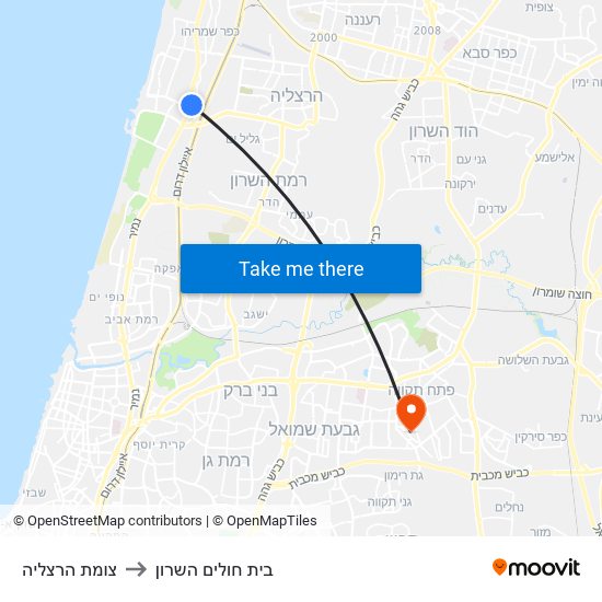 צומת הרצליה to בית חולים השרון map