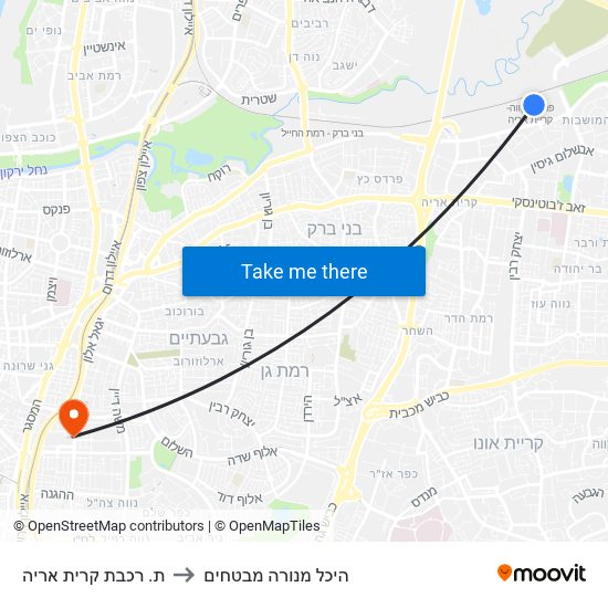 ת. רכבת קרית אריה to היכל מנורה מבטחים map