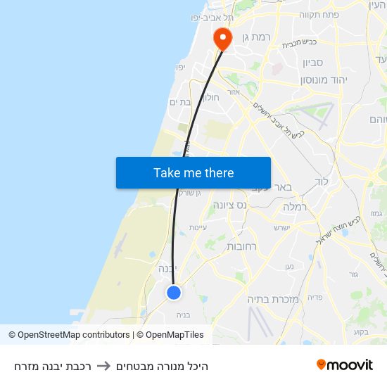 רכבת יבנה מזרח to היכל מנורה מבטחים map