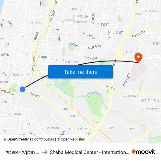 ת. רכבת צומת חולון/לוי אשכול to Sheba Medical Center - International Medical Tourism Division map