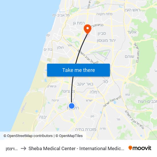 מכון ויצמן to Sheba Medical Center - International Medical Tourism Division map