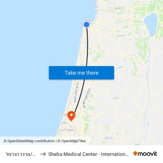 תחנת כרמלית/מרכז הכרמל to Sheba Medical Center - International Medical Tourism Division map