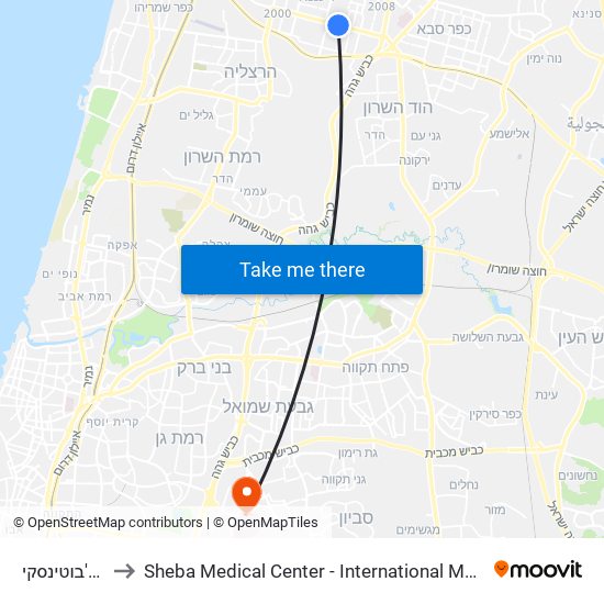 אחוזה/ז'בוטינסקי to Sheba Medical Center - International Medical Tourism Division map